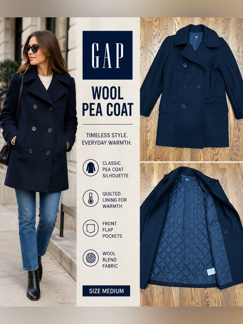GAP Wool Blend Pea Coat Quilted Lined Double Breasted Navy Size Medium